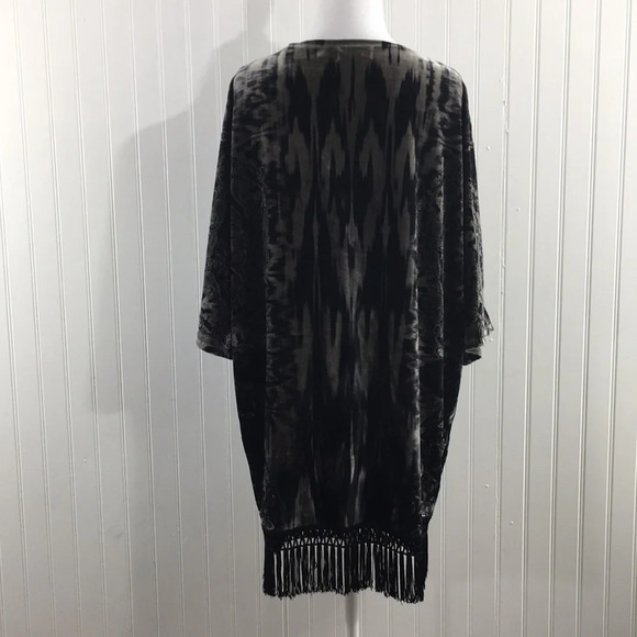 One World Wintop Velour Black Floral Tie Dye Fringe Cardigan Womens Large Fringe - Picture 3 of 11